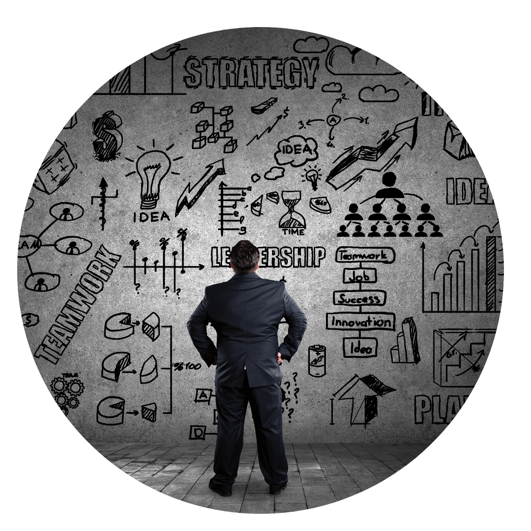 Business professional analyzing a wall of strategic planning concepts including leadership, innovation, teamwork, and growth charts, symbolizing future-focused decision-making for 2026 business planning.